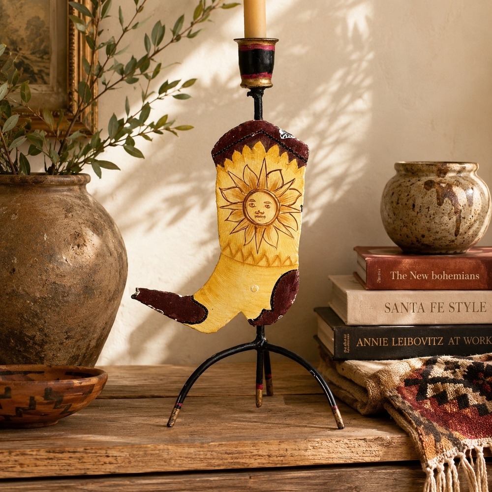 Vintage Folk Art Boot Candle Holder Sun Face Southwestern Boho Decor Whimsygoth